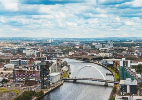 An overhead shot of Glasgow, with Clyde River running through