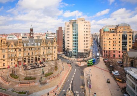 An overhead shot of the bustling city of Leeds