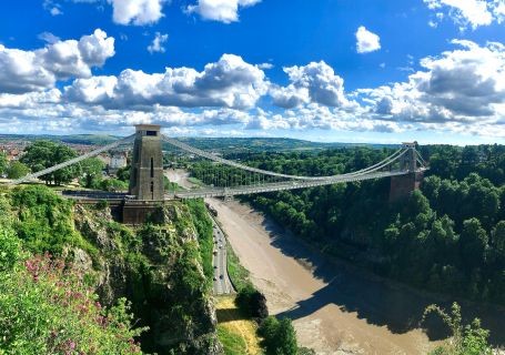 An overhead shot of Bristol, with Clifton Suspension Bridge standing out against lots of countryside